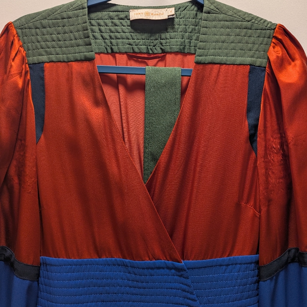 Tory Burch Kola Colorblock Silk Blend Satin Crepe Wrap Dress Size 8 - Picture 10 of 11